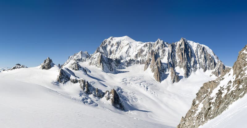 Mont Blanc, east face. Extra-large panorama of Mont Blanc Massif