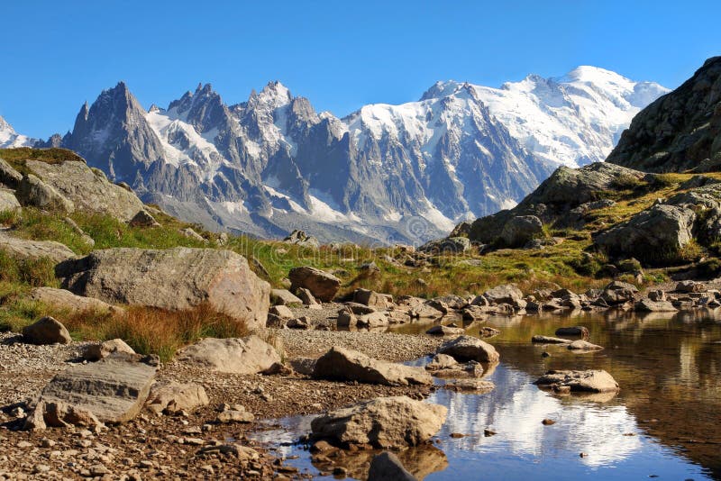 Pohľad na Mont Blanc (ľavý dolný vrchol) z balkóna v Aiguilles Karafiáty nad Chamonix vo Francúzsku.