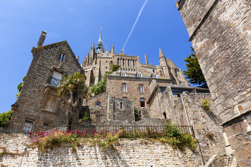 Mont Saint Michel on brilliant summer day. Looking upwards towards Abbey.