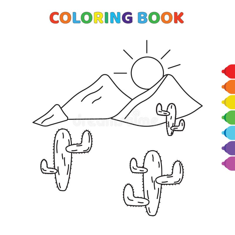  Montañas De Dibujos Animados, Sol Y Cactus En Un Libro De Colorantes Del Desierto Para Niños Ilustración Vectorial En Blanco Y Ne Ilustración del Vector