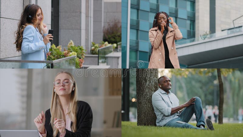 Montage à écran partagé variation de quatre personnes caucasienne femme sur balcon homme africain moyen dans le parc banque de vidéos