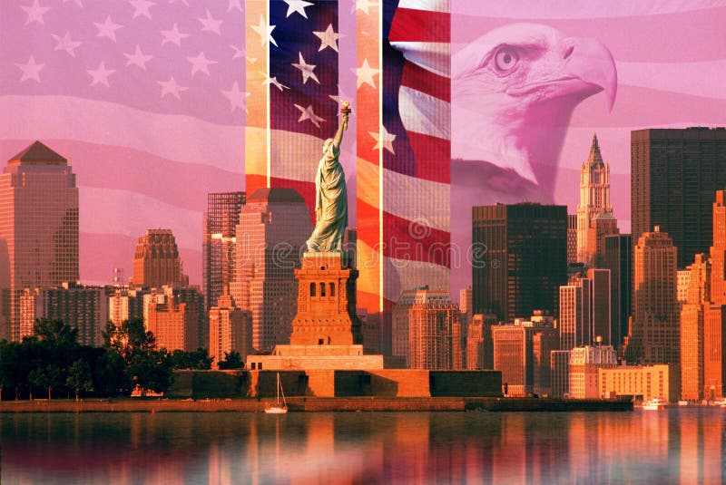 Montagem da foto: Bandeira americana e águia, World Trade Center, estátua da liberdade