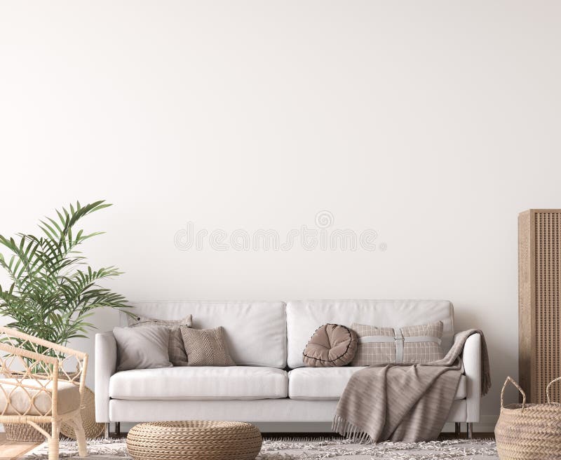 Montagem de parede em design de sala de estar, sofá branco no interior escandinavo