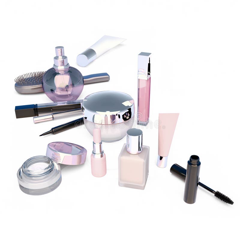 Montagem em fundo branco Rímel, batom, lápis, frasco de perfume, pente, escamoteador, cremes localizados em fundo branco imagens de stock Montagem em fundo branco Rímel, batom, lápis, frasco de perfume, pente, escamoteador, cremes localizados em fundo branco imagens de stock