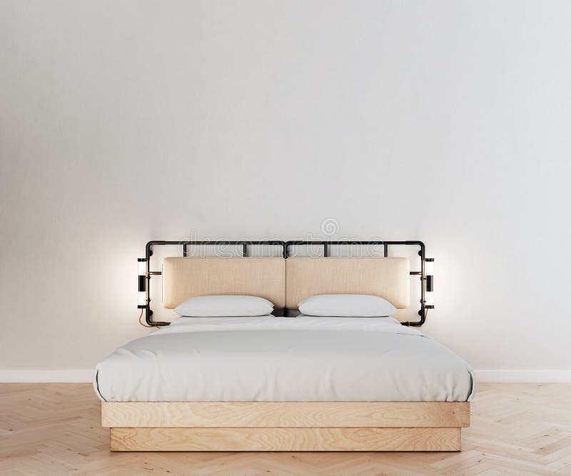 Montaggio orizzontale del telaio del poster su sfondo interno moderno, telaio naturale del letto di legno leggero con lettiera pu illustrazione di stock