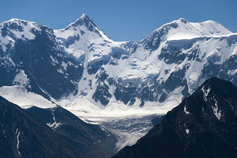 High mountains, wild mountain landscape, snow, winter scene, panorama, place for alpinism, Altai, Russia. High mountains, wild mountain landscape, snow, winter scene, panorama, place for alpinism, Altai, Russia