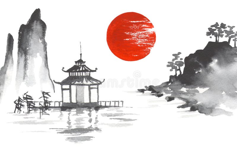 Montagna di verniciatura giapponese tradizionale del tempio della collina del fiume del lago sun di arte del Giappone Sumi-e