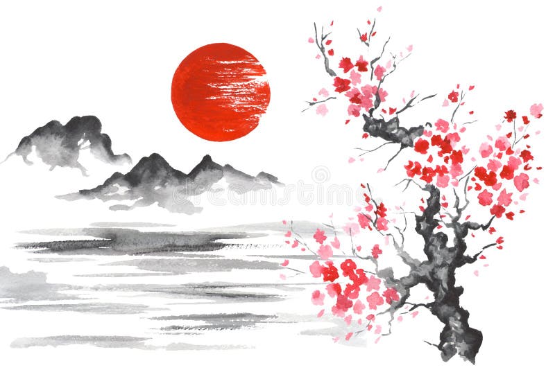 Montagna di verniciatura giapponese tradizionale Sakura Lake di Sun di arte del Giappone Sumi-e