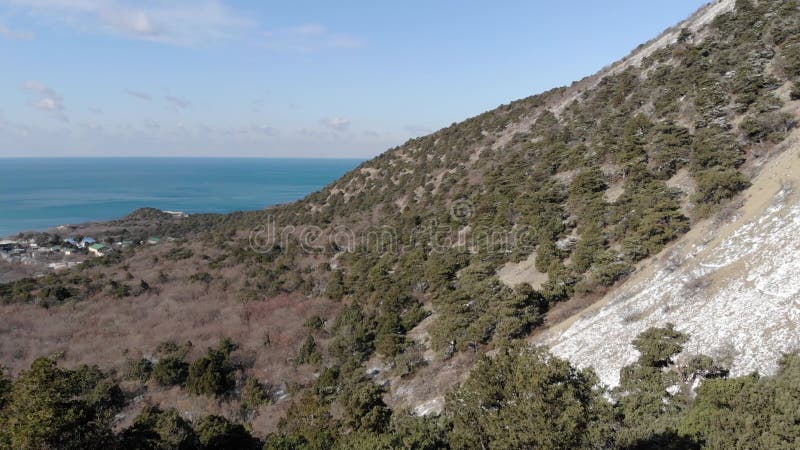 Montagne avec la forêt et la mer bleue dans la vue aérienne d'hiver. clips vidéos