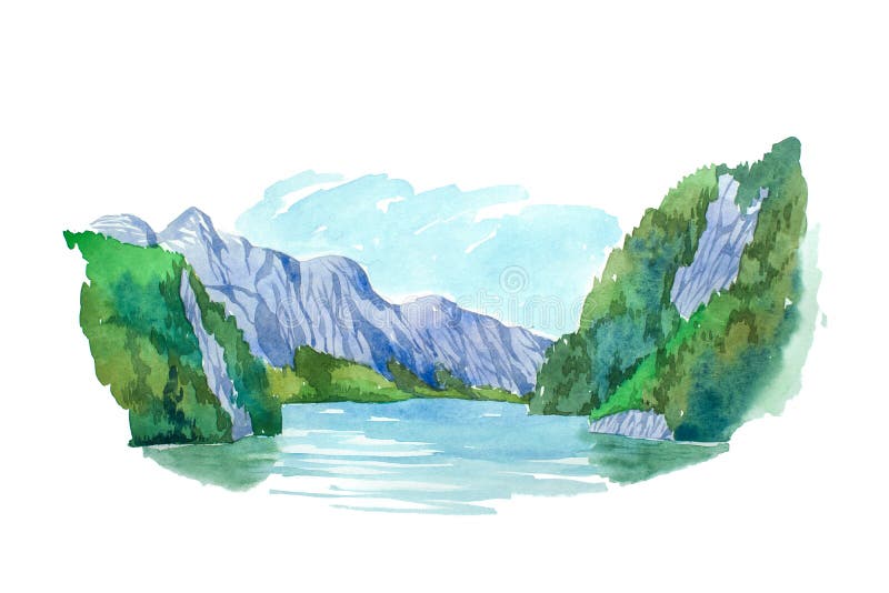 Montagne del paesaggio di estate ed illustrazione naturali dell'acquerello del lago illustrazione di stock Montagne del paesaggio di estate ed illustrazione naturali dell'acquerello del lago illustrazione di stock
