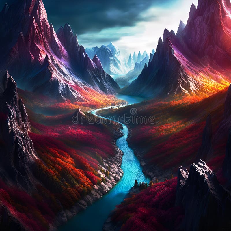 Montagne majestueuse et vallée fluviale illustration de vecteur