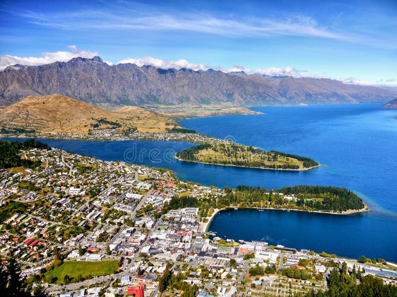 Queenstown cityscape with Wakatipu lake and Remarkables Mountains, New Zealand. Queenstown cityscape with Wakatipu lake and Remarkables Mountains, New Zealand