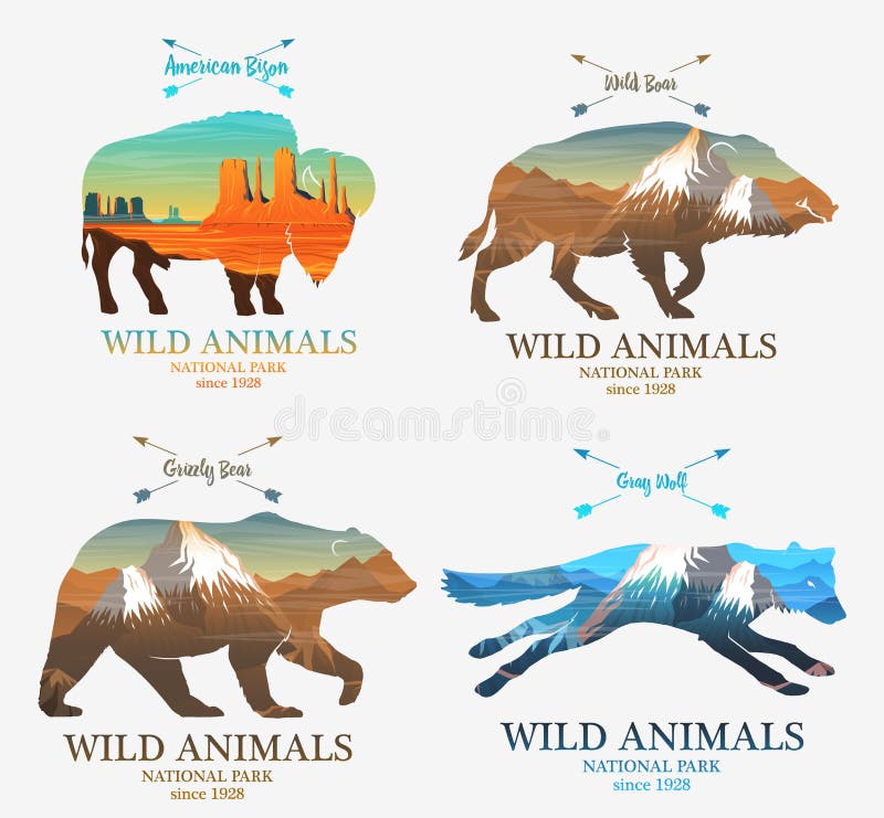 Montagnes et verrat, ours, renard, animal sauvage de silhouette de buffle Exposition multiple ou double vieil label ou insigne Vo illustration stock Montagnes et verrat, ours, renard, animal sauvage de silhouette de buffle Exposition multiple ou double vieil label ou insigne Vo illustration stock