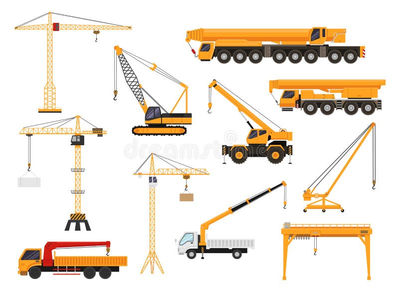 Set of construction cranes in flat style. Trucks with cranes, crawler tractors and cars with cranes vector illustration. Construction transport vehicles isolated on white background. Set of construction cranes in flat style. Trucks with cranes, crawler tractors and cars with cranes vector illustration. Construction transport vehicles isolated on white background.