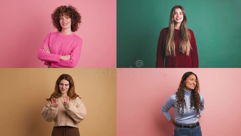 Montaje de pantalla múltiple : jovencitas alegres y diversas mujeres con antecedentes coloridos en el estudio metrajes