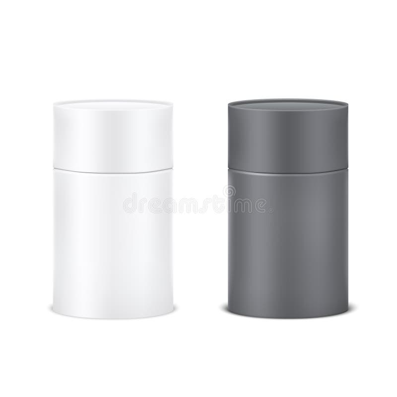 Blank black and white cardboard cylinder box mockup. Paper tube isolated on white background. Blank black and white cardboard cylinder box mockup. Paper tube isolated on white background