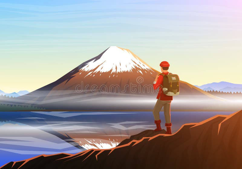 Montanha Fuji com turista, vista panorâmica da manhã com reflexão no kawaguchiko do lago, picos, paisagem cedo na ilustração stock Montanha Fuji com turista, vista panorâmica da manhã com reflexão no kawaguchiko do lago, picos, paisagem cedo na ilustração stock