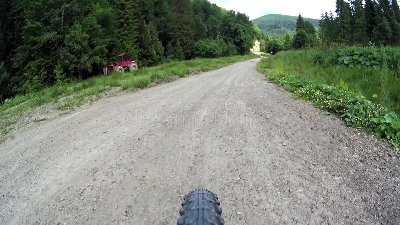 Montanha que biking ao longo da estrada de terra em Bieszczady, Polônia