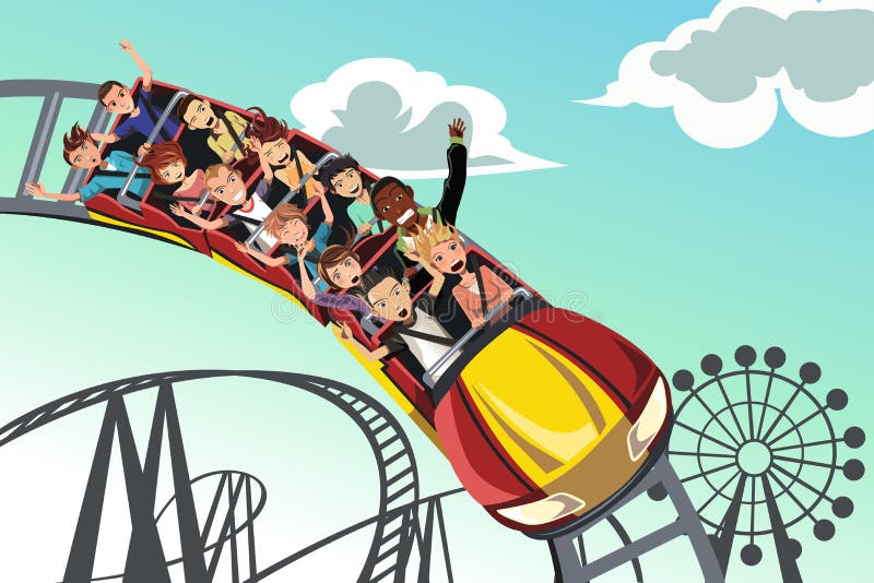 A vector illustration of people riding roller coaster in an amusement park. A vector illustration of people riding roller coaster in an amusement park