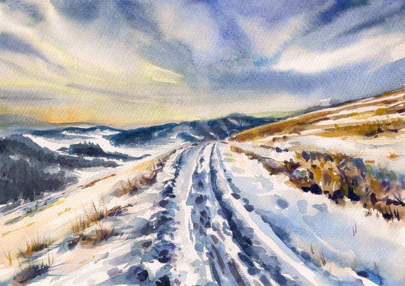 Winter landscape with road in mountains. Picture created with watercolors on paper. Winter landscape with road in mountains. Picture created with watercolors on paper.