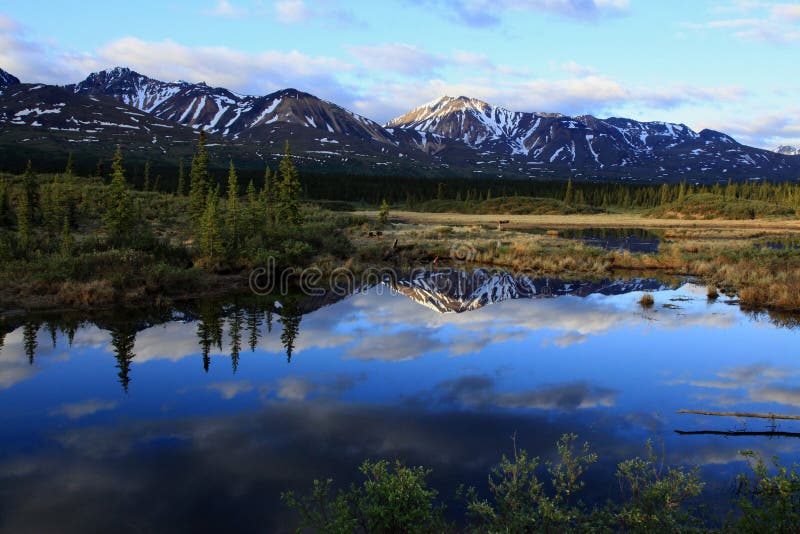 Montanhas que refletem ao longo da estrada de Denali fotos de stock Montanhas que refletem ao longo da estrada de Denali fotos de stock