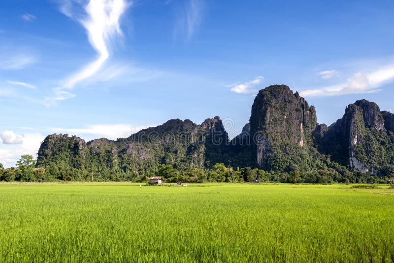 Montanhas verdes do campo e da pedra calcária de almofada do arroz em Vang Vieng, cidade de estância turística popular no Lao PDR fotos de stock royalty free Montanhas verdes do campo e da pedra calcária de almofada do arroz em Vang Vieng, cidade de estância turística popular no Lao PDR fotos de stock royalty free
