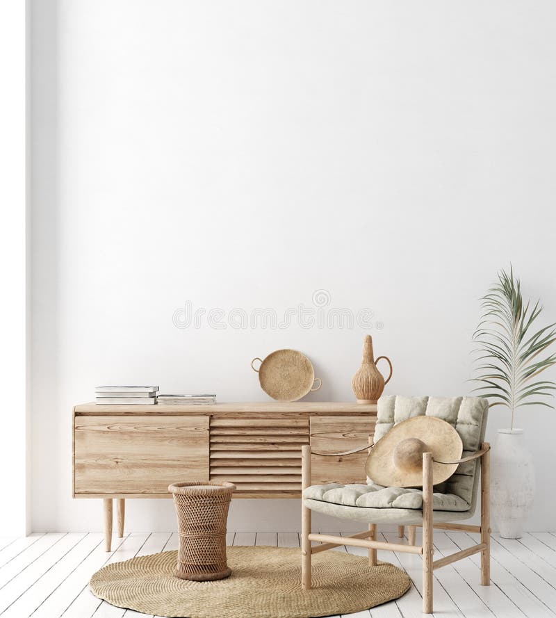 Montare la cornice in fondo interno in una stanza bianca con mobilio naturale in legno in stile scandiboho