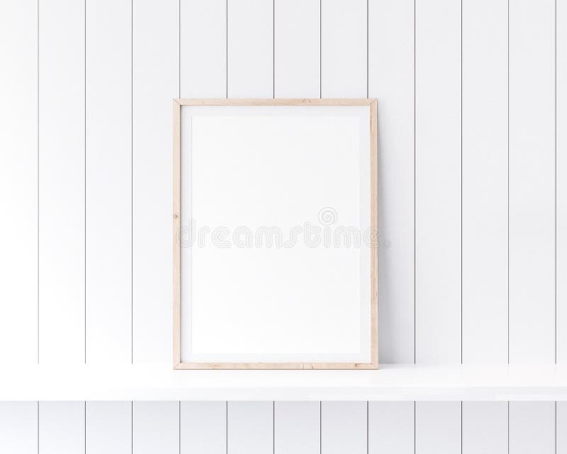 Montatura del poster di messa a terra chiusa in stile costiero su uno scaffale bianco. fotografia stock