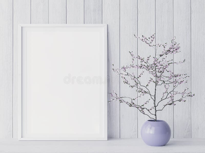 Montatura di un poster di messa a terra chiusa in stile costiero all'interno con vaso di fiori viola immagine stock libera da diritti
