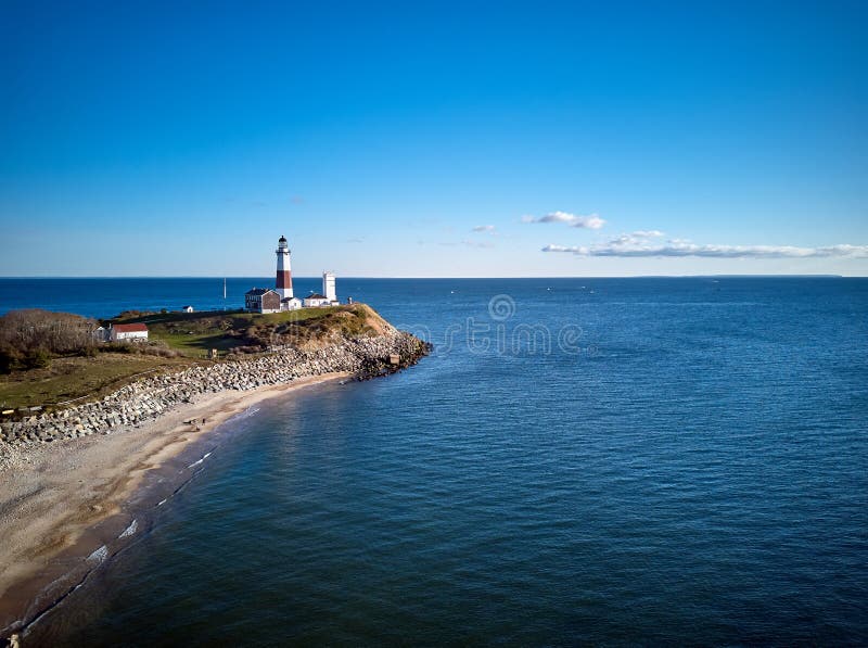 Montauk Lighthouse and beach aerial shot