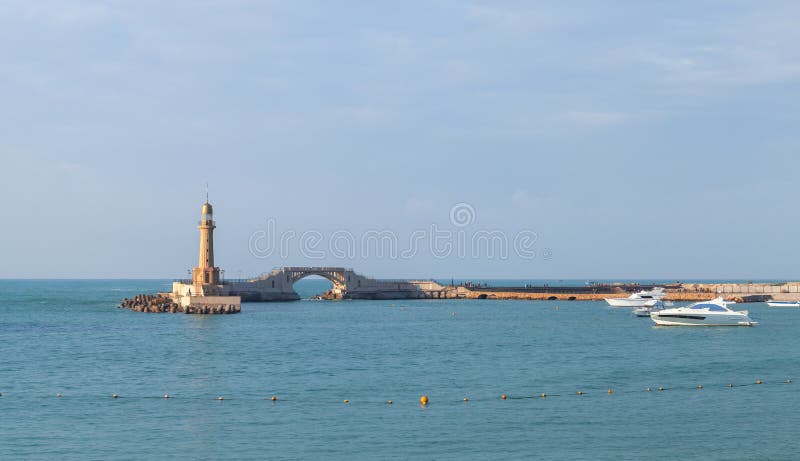 Montazah beach. Landscape with lighthouse tower