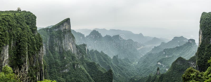 Montaña de Tianmen conocida como la puerta del ` s del cielo rodeada por el bosque y la niebla verdes en Zhangjiagie, provincia d