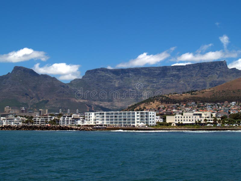 Table Mountain from the sea with hotels in the foreground. Table Mountain from the sea with hotels in the foreground