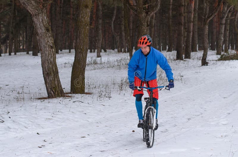 Montaña extrema biking en el bosque nevado fotografía de archivo libre de regalías Montaña extrema biking en el bosque nevado fotografía de archivo libre de regalías