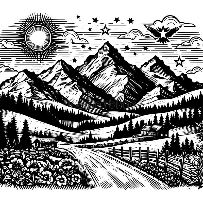 Montañas de boceto vectorial e imitación forestal de un dibujo a lápiz. ai generativo. ai generativo de ilustración vectorial. generado por ai.