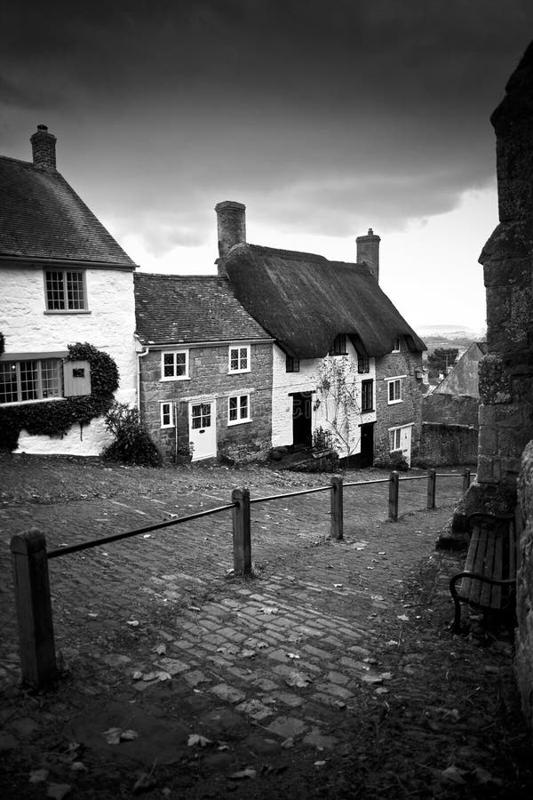 Gold Hill in Shaftesbury, Dorset, England. - black and white. Gold Hill in Shaftesbury, Dorset, England. - black and white