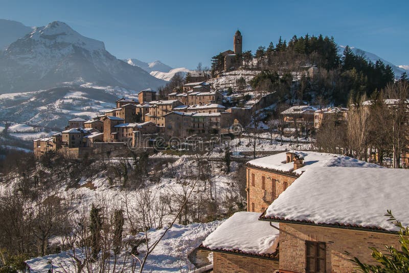 Montefortino medieval village with snow