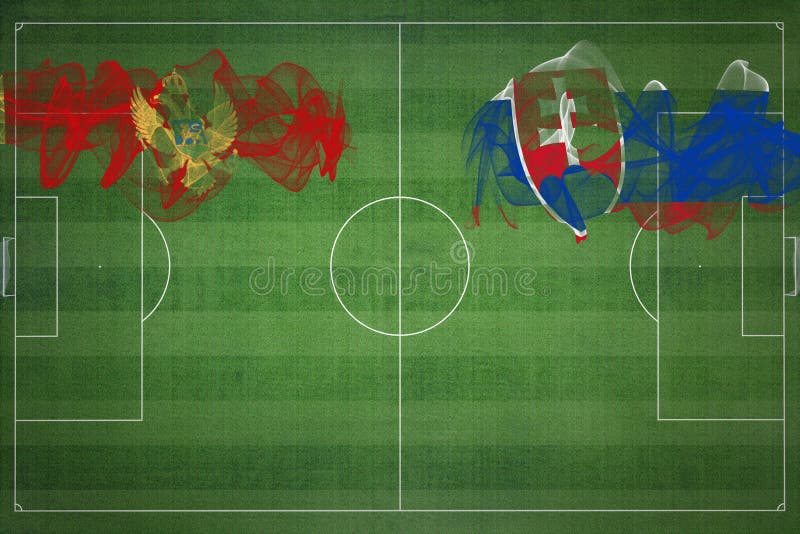 Čierna hora vs slovensko futbalový zápas, národné farby, národné vlajky, futbalové ihrisko, futbalový zápas, kopírovať priestor