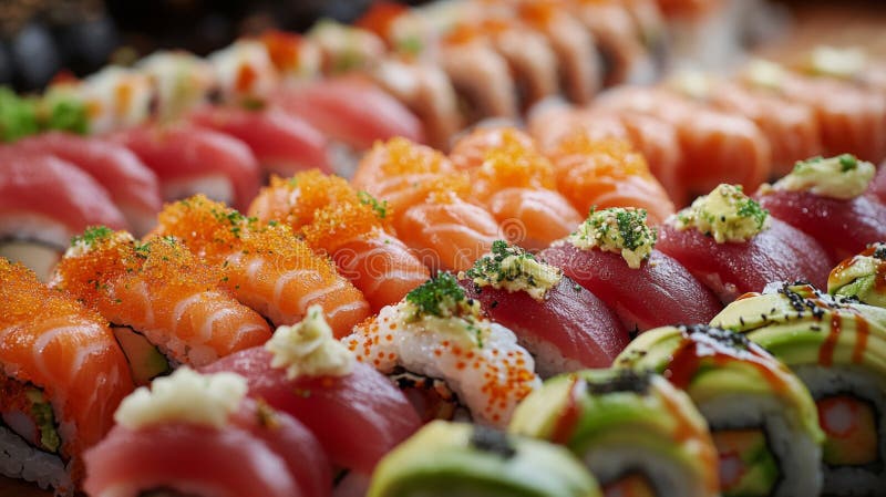 Montering av färgstarka sushi-rullar på träskivor. Ai Generated