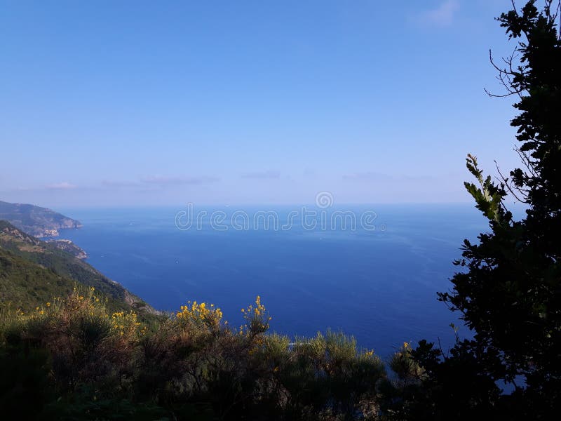 Monterosso. Un titolo stupefacente della spiaggia ed alcuni bei fiori dal terre del cinque nei giorni di estate scattano e grandi viste al mare blu con le montagne