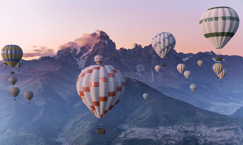 Montgolfières colorées volant au-dessus de la montagne photos libres de droits Montgolfières colorées volant au-dessus de la montagne photos libres de droits