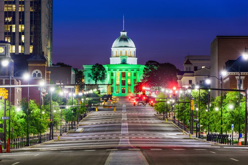 Montgomery Alabama Downtown Imagen de archivo Imagen de tarde, luces
