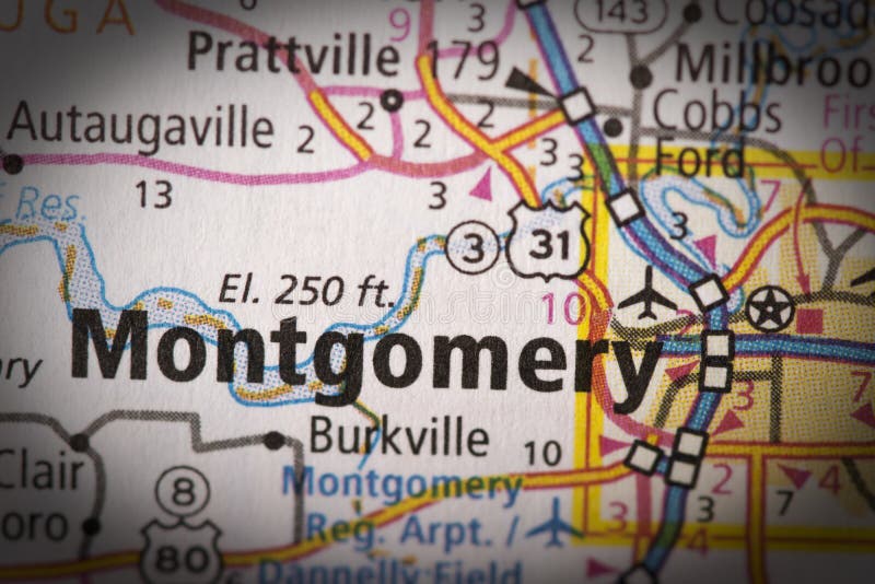 Montgomery, Alabama on map stock images Montgomery, Alabama on map stock images
