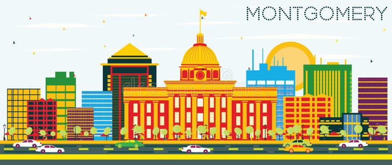 Montgomery Skyline med färgbyggnader och blå himmel royaltyfri illustrationer Montgomery Skyline med färgbyggnader och blå himmel royaltyfri illustrationer