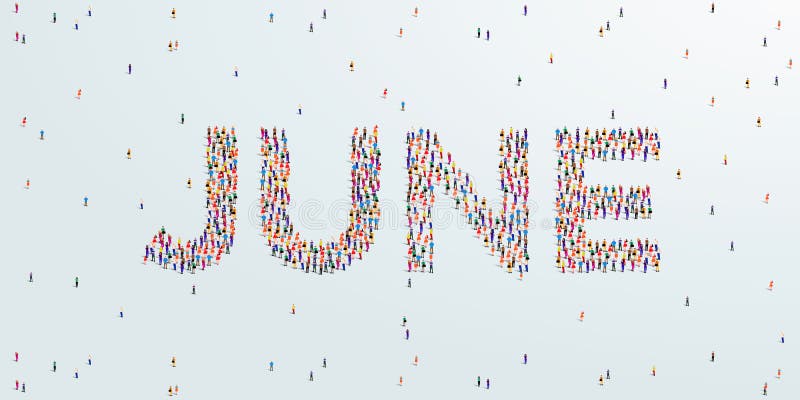 Month June. Large group of people form to create June. stock illustration