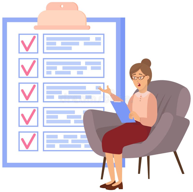 Terrified woman sitting near to do list and planning. Plan fulfilled, task completed, timetable royalty free illustration
