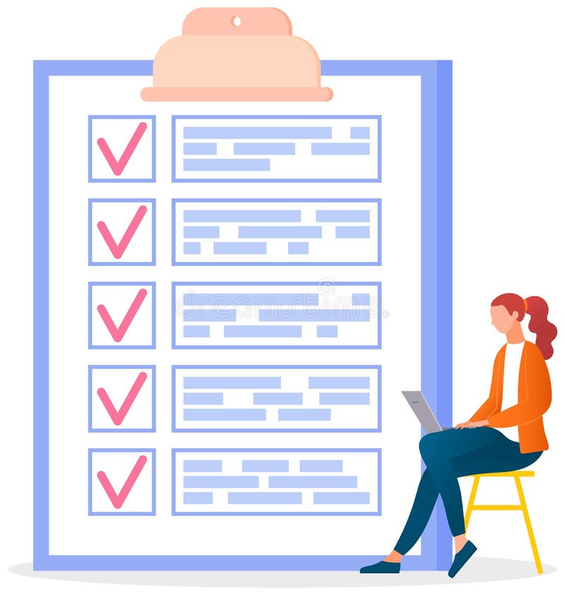 Terrified woman sitting near to do list and planning. Plan fulfilled, task completed, timetable vector illustration