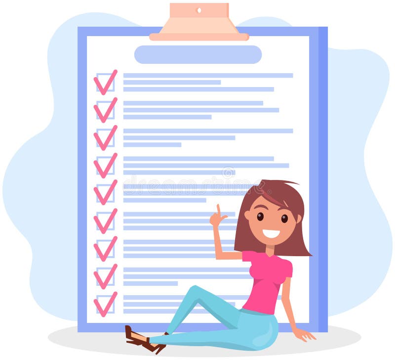 Terrified woman sitting near to do list and planning. Plan fulfilled, task completed, timetable vector illustration