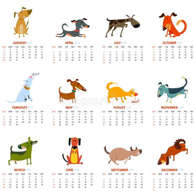 Monthly Calendar 2018 with Cute Dogs. Vector Illustration with P Stock  Vector - Illustration of domestic, number: 100827139