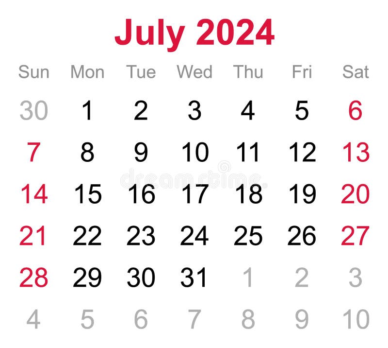 Monthly Calendar of July 2024 on Transparent Background Stock Photo